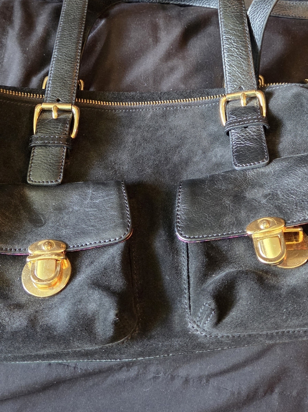 Maxx New York Black Leather & Suede Tote with Gold Hardware